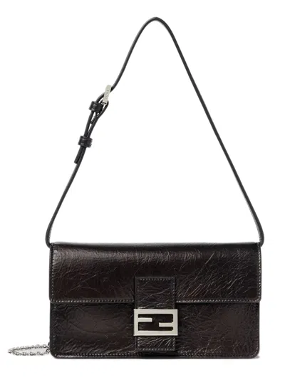 Fendi Leather Shoulder Wallet With Ff Baguette Metal Logo, 11.5 Cm X 21 Cm X 5.5 Cm, Six Card Slots In Nero