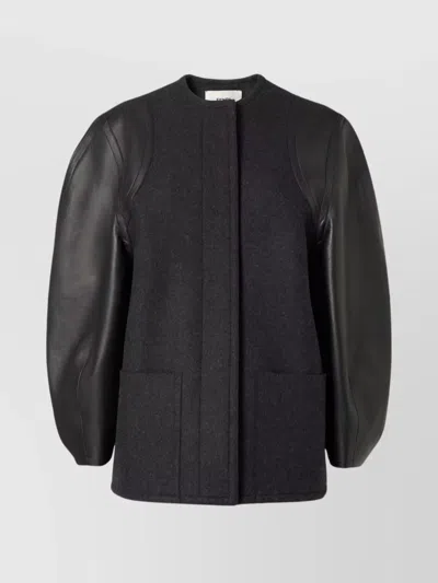 FENDI LEATHER SLEEVE WOOL COAT FEATURING POCKETS