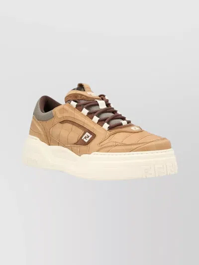 Fendi Leather Sneakers Crocodile Texture In Brown