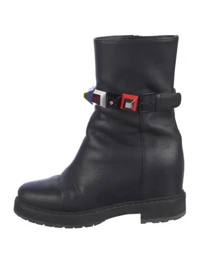 Pre-owned Fendi Leather Studded Accents Combat Boots In Blue