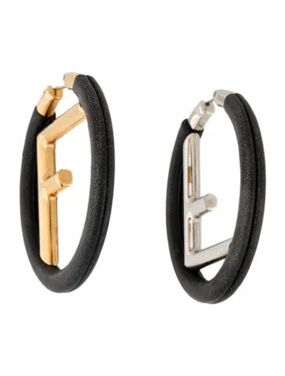 Pre-owned Fendi Leather Two-tone F Is For  Hoop Earrings In Black