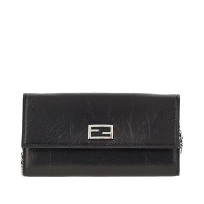 Fendi Leather Wallet With Chain In Black