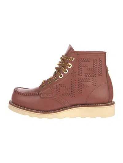 Pre-owned Fendi Leather Whipstitch Trim Lace-up Boots In Pink