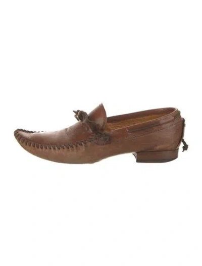 Pre-owned Fendi Leather Whipstitch Trim Loafers In Brown