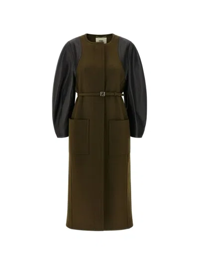 Fendi Leather-sleeve Belted Coat In Green