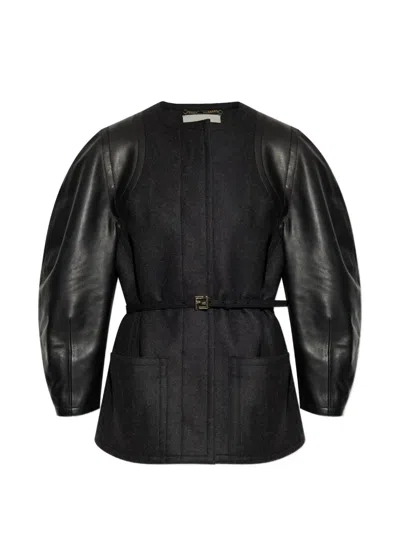 Fendi Leather-sleeve Belted Jacket In Black