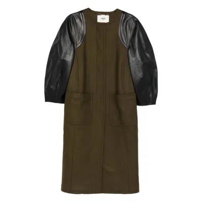 Fendi Leather-sleeves Wool Coat In Brown