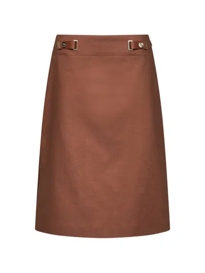 Fendi Leather-tab Side-slit Skirt In Brown