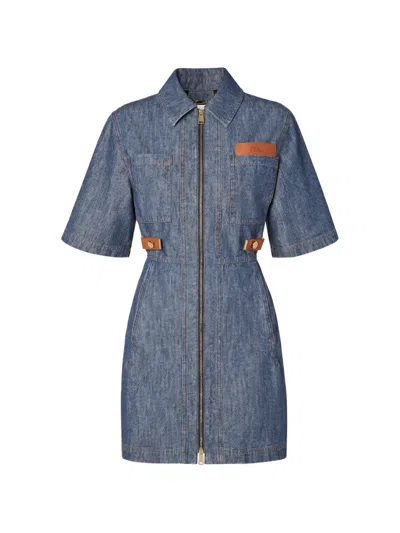 Fendi Zip-up Logo-patch Mini Dress In Blue