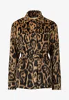 Fendi Women Multicolor Coat With Ff Buckled Belt On The Front And All-over Leopard Motif In Wool Ble In Brown