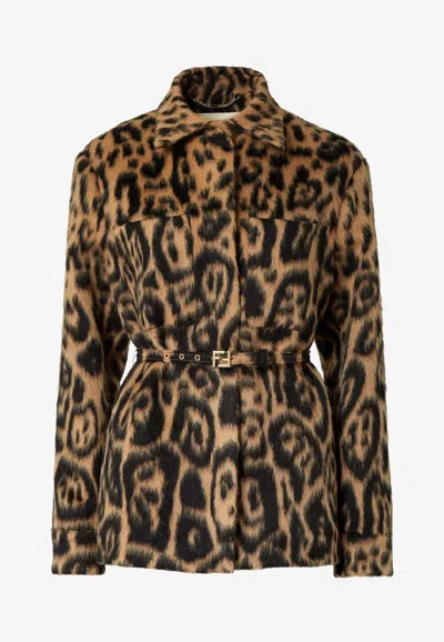 FENDI LEOPARD PRINT FLEECE WOOL BELTED JACKET