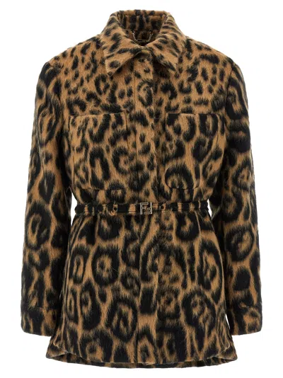 Fendi Leopard-print Virgin Wool Coat In Neutral