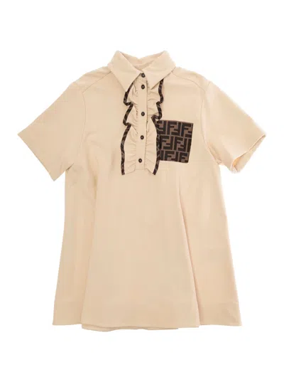 Fendi Kids' Lien Beige Dress With Classic Collar And Patch Pocket With Ff Logo In Tech Fabric Girl