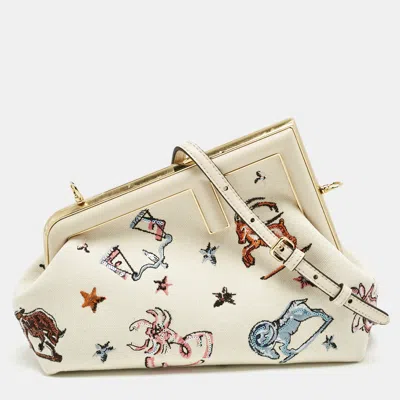 Pre-owned Fendi Light Beige Canvas Astrology Small First Shoulder Bag In Sand