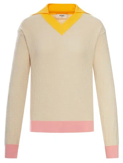 Fendi Knitwear Long Sleeves V Neck Contrasting Collar In Neutral