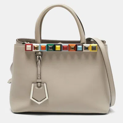 Pre-owned Fendi Light Beige Leather Stud Applique Petite 2jours Elite Tote