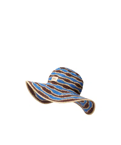 Fendi Light Blue And Brown Cotton And Raffia Crocheted Hat In Gold
