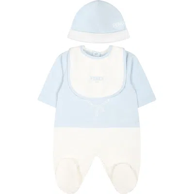 Fendi Light Blue Babygrow Set For Baby Boy With  Emblem In White