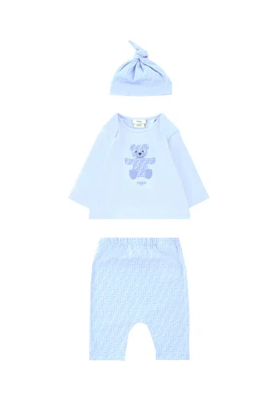 Fendi Light Blue Birth Set For Baby Boy With Teddy Bear