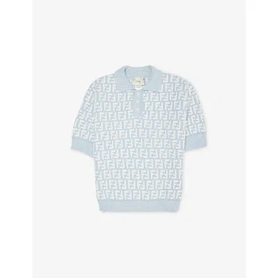 Fendi Kids' Light Blue Brand Monogram Knitted Polo Shirt 4-