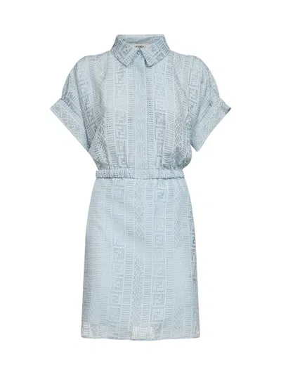 Fendi Light Blue Burnout Silk Blend Mini Shirt Dress