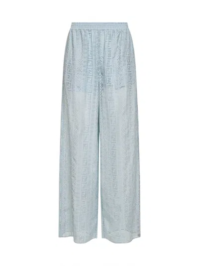 Fendi Light Blue Burnout Silk Blend Pajama Trousers