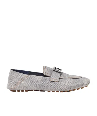Fendi Light Blue Denim-print Leather Loafers In Gray