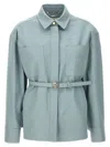 Fendi Denim Jacket With Belted Waist And Front Pockets In Light Blue
