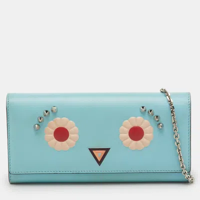 Pre-owned Fendi Light Blue Leather Embellished Wallet On Chain