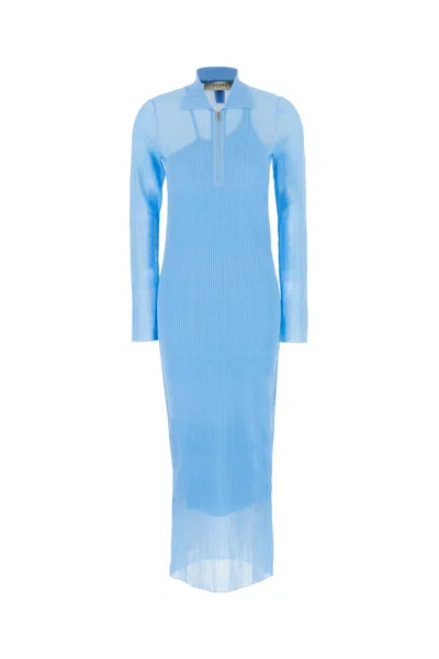 Fendi Light Blue Silk Blend Long Dress In F1m29