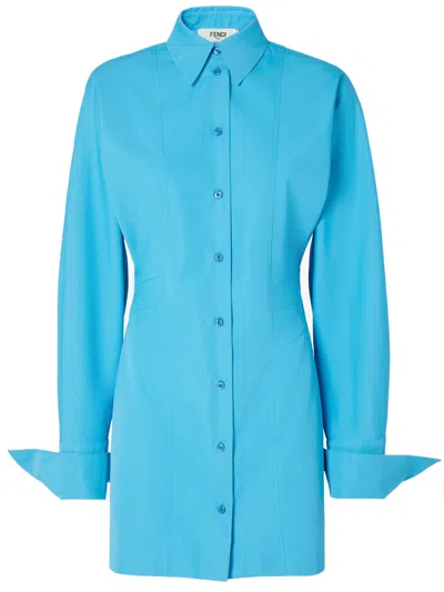 Fendi Light Blue Technical Viscose Mini Shirt Dress With Embroidered Logo
