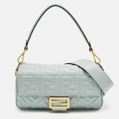 Pre-owned Fendi Light Blue Zucca Embossed Leather Medium Baguette Bag