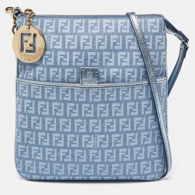 Pre-owned Fendi Light Blue Zucchino Canvas And Leather Crossbody Bag
