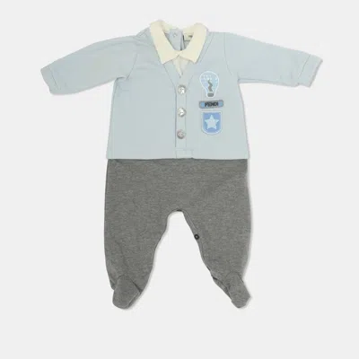 Pre-owned Fendi Light Blue/grey Stretch Cotton Romper 3 Months