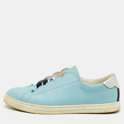 Pre-owned Fendi Light Blue/silver Leather Rockoko Slip On Sneakers Size 41