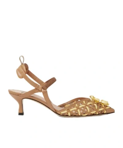 Fendi Light Brown And Yellow Leather Medium-heeled Slingbacks.