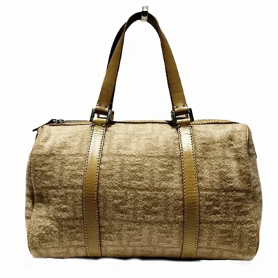 Pre-owned Fendi Light Brown Canvas Wool Leather Boston Bag Handbag ()