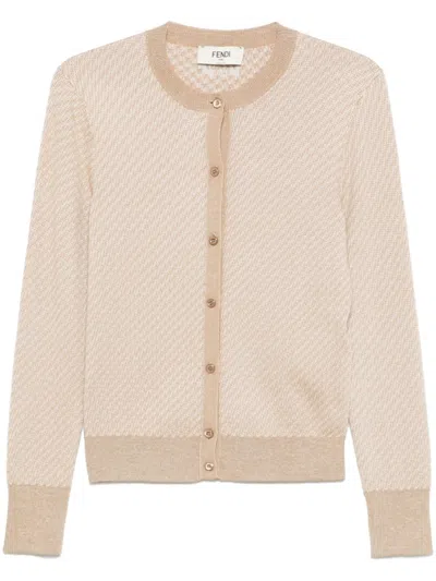FENDI LIGHT BROWN FF-JACQUARD CARDIGAN