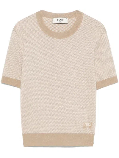 Fendi Wool Crew Neck Sweater With Textured Pattern In Neutral