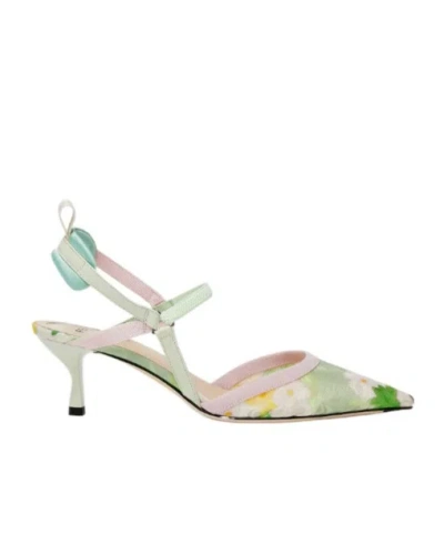 Fendi Light Green Printed Organza Medium-heeled Slingbacks. In Brown