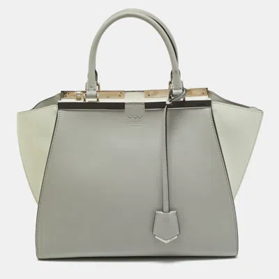 Pre-owned Fendi Light Grey/white Leather Medium 3jours Tote In Gray