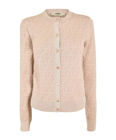 Fendi Light Pink Crew Neck Knit Cardigan In Neutral