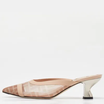 Pre-owned Fendi Light Pink Ff-logo Print Mesh And Leather Colibri Pointed Toe Mules Size 36
