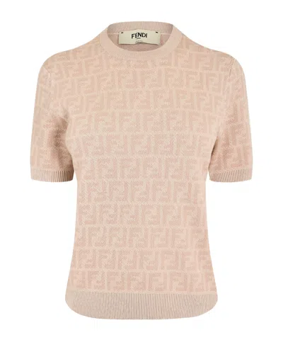 Fendi Light Pink Short-sleeve Crew Neck Knit Top In Neutral