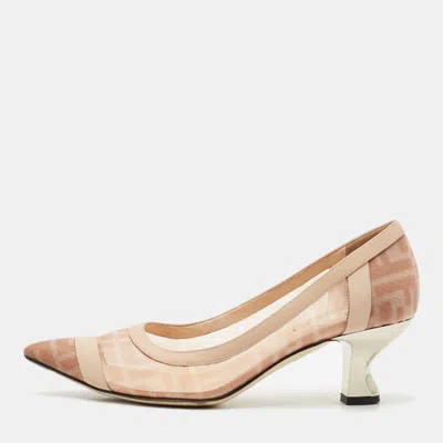 Pre-owned Fendi Light Pink/brown Zucca Mesh And Leather Colibri Pumps Size 38
