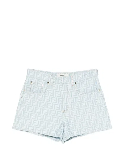 Fendi Light-blue Ff Denim Shorts In White