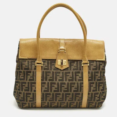 Pre-owned Fendi Linda Large Tobacco/tan Zucca Canvas And Textured Leather Satchel In Brown