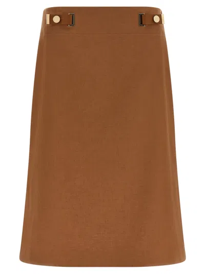 Fendi Linen Flared Midi Skirt In Brown