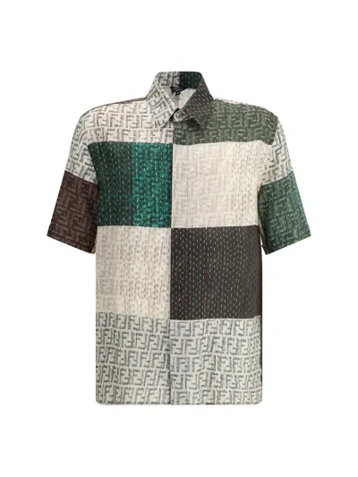 Fendi Men Linen Shirt With All-over Ff Print In Multi