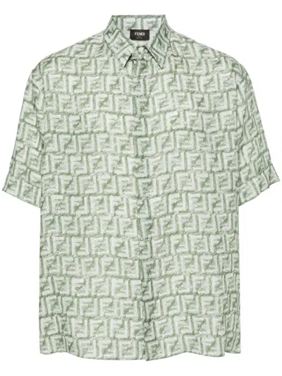 Fendi Linen Shirt With Ff Print In Green